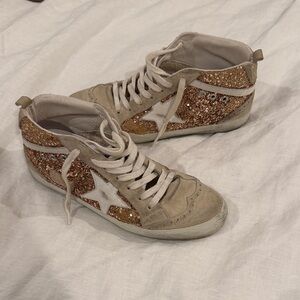 Golden Goose Beige and Gold Glitter Sneakers